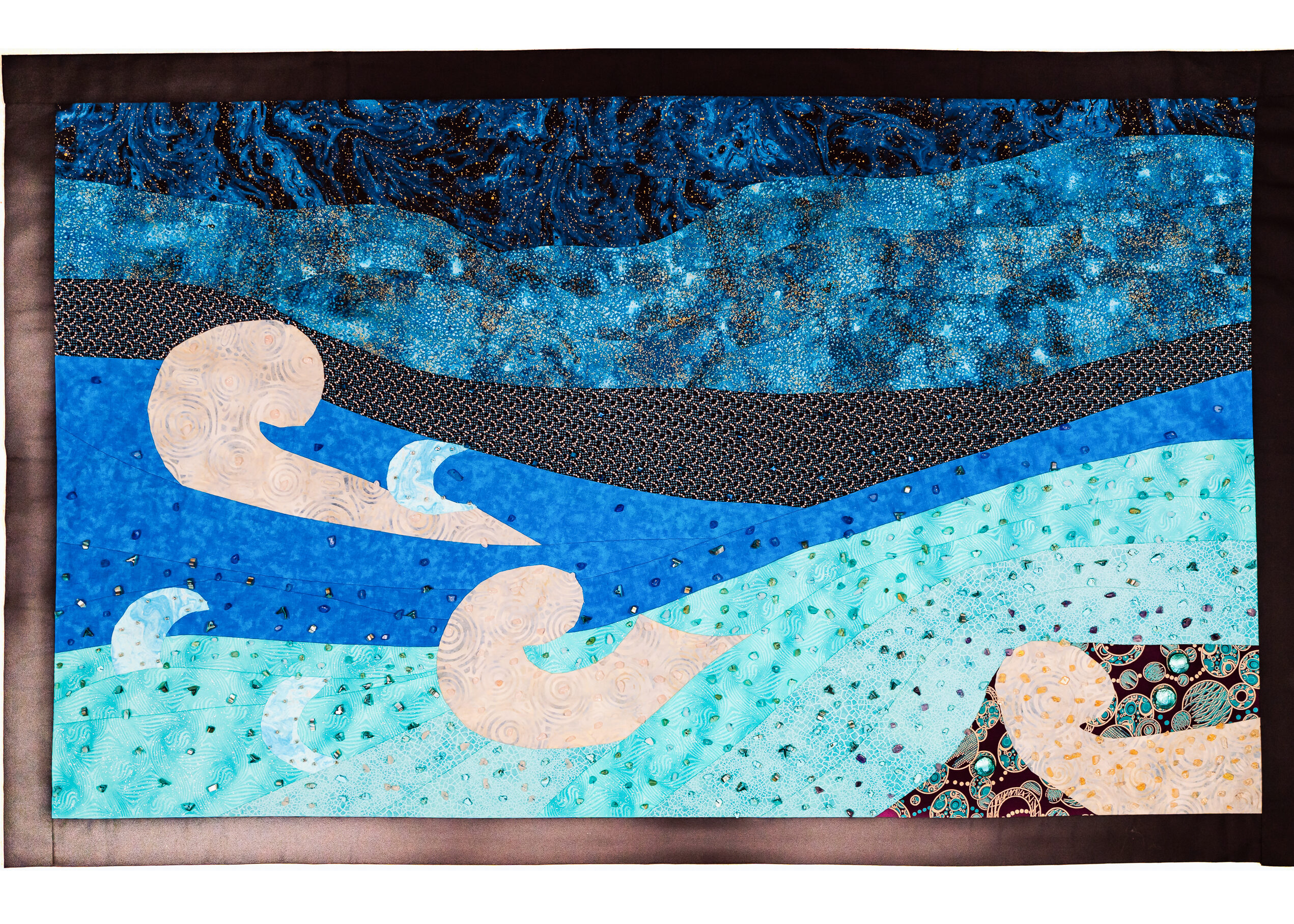 The Sea at Night: Fabric collage with semi precious stones, crystals and treasures for sale £2400