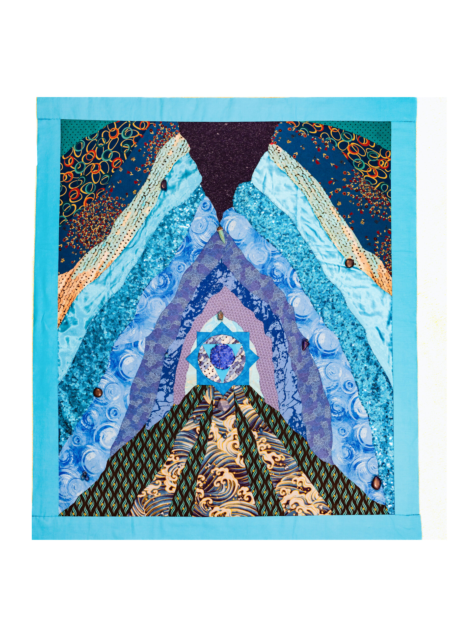 Turquoise Cave: Fabric Collage with semi precious stones, crystals and treasures.
 £1800
